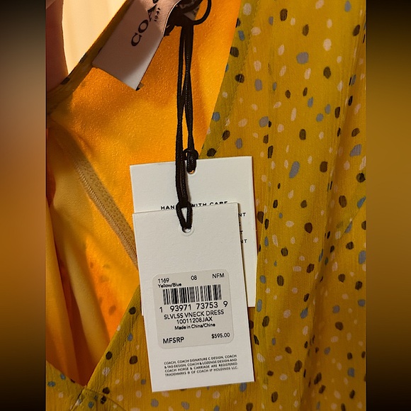 ✨Coach Sleeveless Silk Dot Print V Neck Dress in Yellow & Multi Dots, 8 NWT✨ - Picture 9 of 9